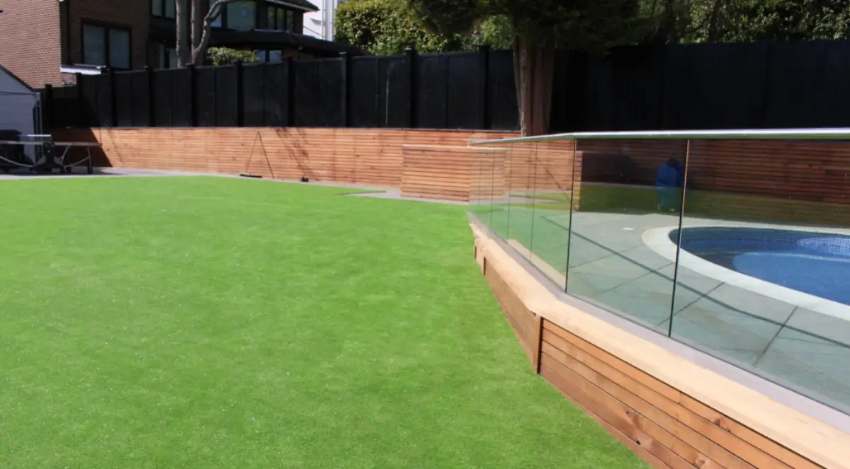 Completed artificial grass installation in a Hertfordshire back garden